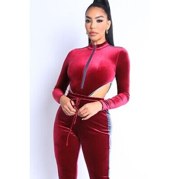 Women's Sexy Cute Velvet Bodysuit and Matching Jogger Pants 2 Piece Set S M L - Picture 10 of 11